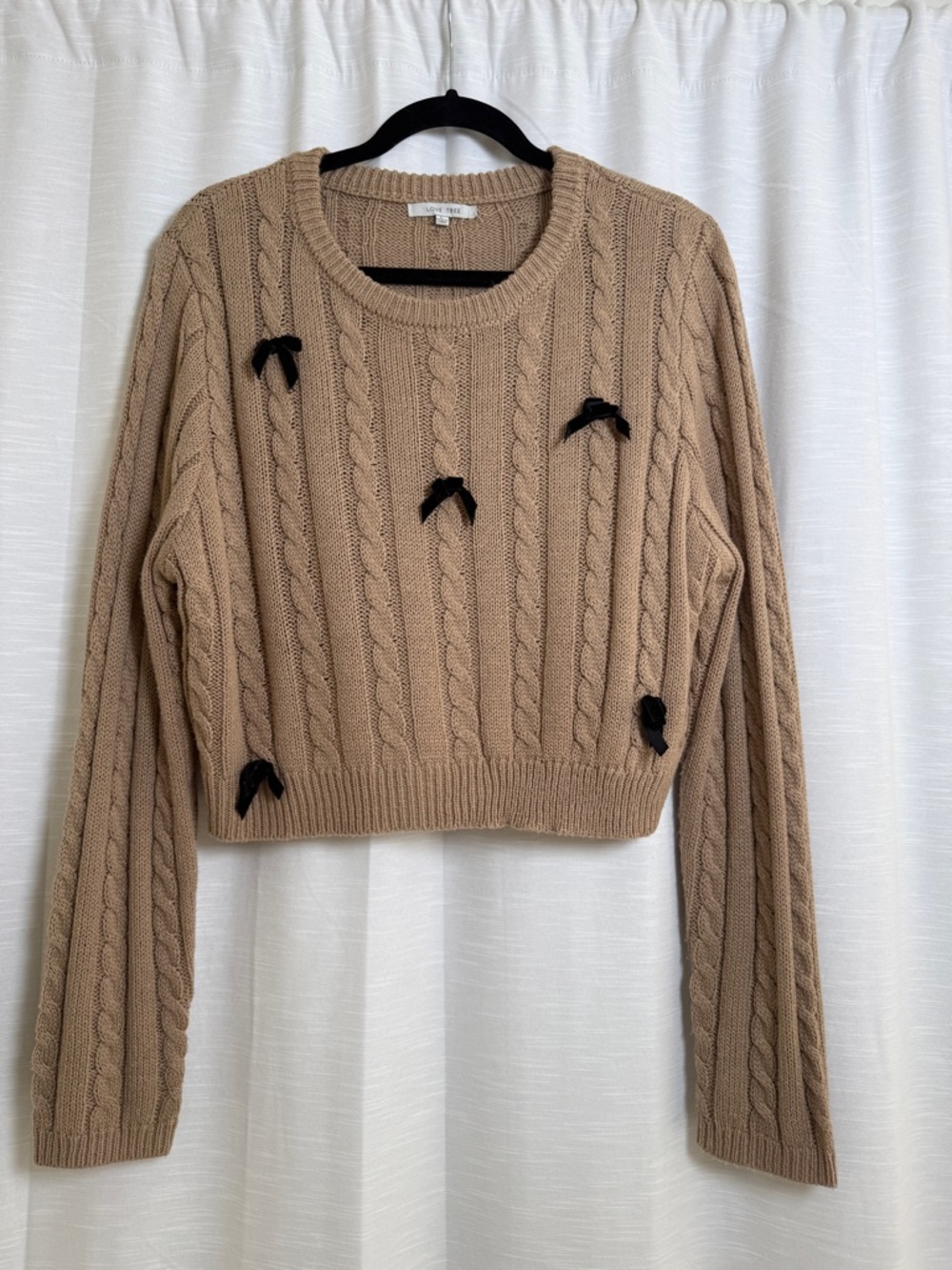 Love Tree Taupe Cable Knit Bow Detail Cropped Sweater | Size L - Picture 4 of 10